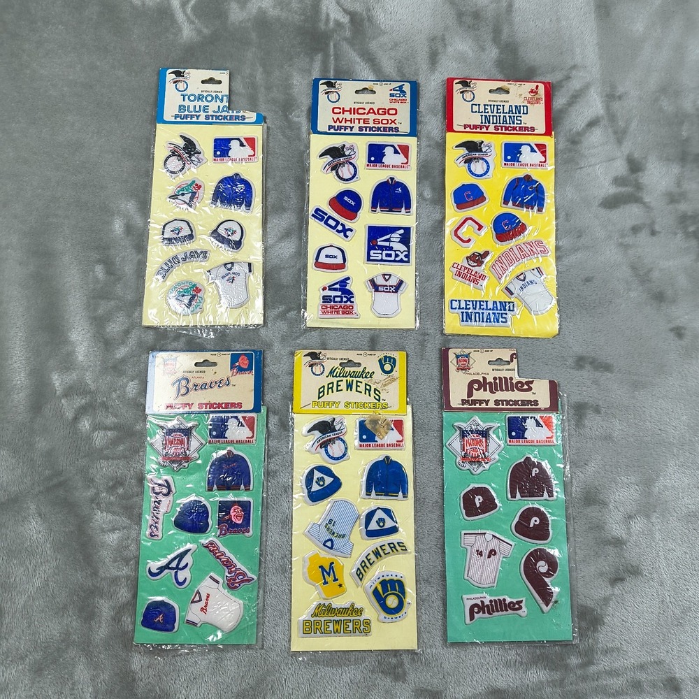 Vintage Baseball Puffy Stickers Lot 6 White Sox Indians Braves Brewers Phillies